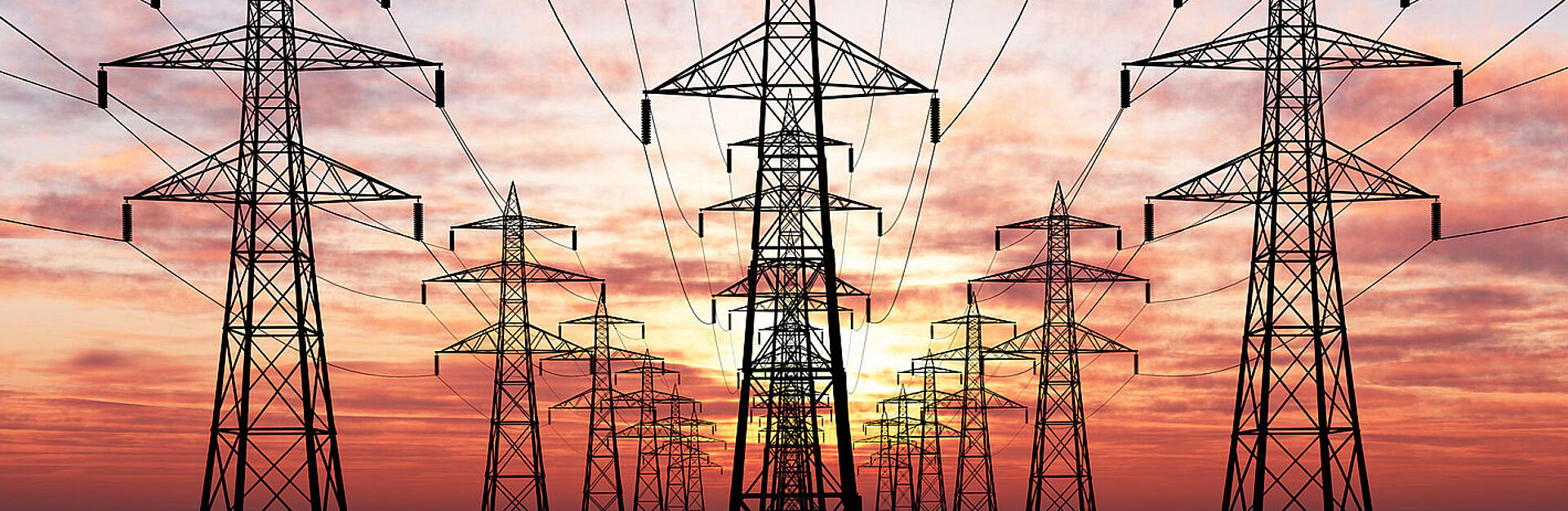 3D Electric power lines over sunrise